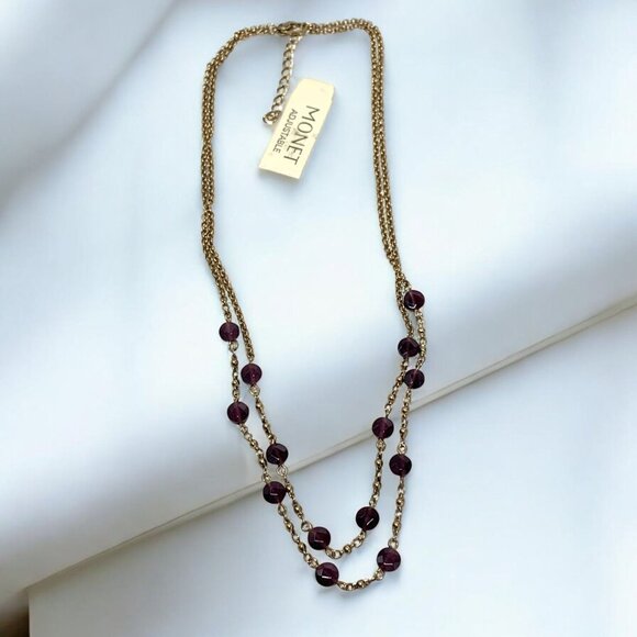 Monet Double-Strand Gold-Tone Station Necklace With Amethyst Coin Beads NWT 20" - Picture 9 of 10